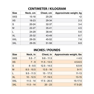 May include: Size chart for clothing in both centimeters and inches. The chart shows neck and chest measurements in centimeters and inches, as well as approximate weight in kilograms and pounds.