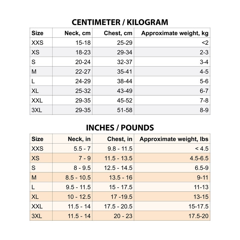 May include: Size chart for clothing in both centimeters and inches. The chart shows neck and chest measurements in centimeters and inches, as well as approximate weight in kilograms and pounds.