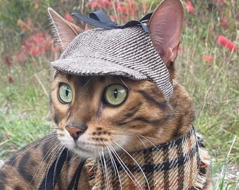 May include: A brown tabby cat wearing a tweed newsboy cap with a black ribbon and a plaid scarf. The cat has green eyes and is looking to the left.