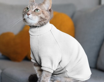 White cotton sweater for Cat. Pullover for Sphynx and all cats breeds. Slip-on for hairless cats. Handmade Clothes