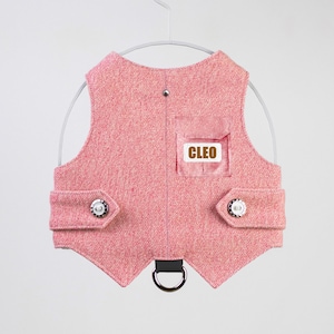 Custom made Classic Pink Tweed Cat Harness with Airtag pocket and white patch with name