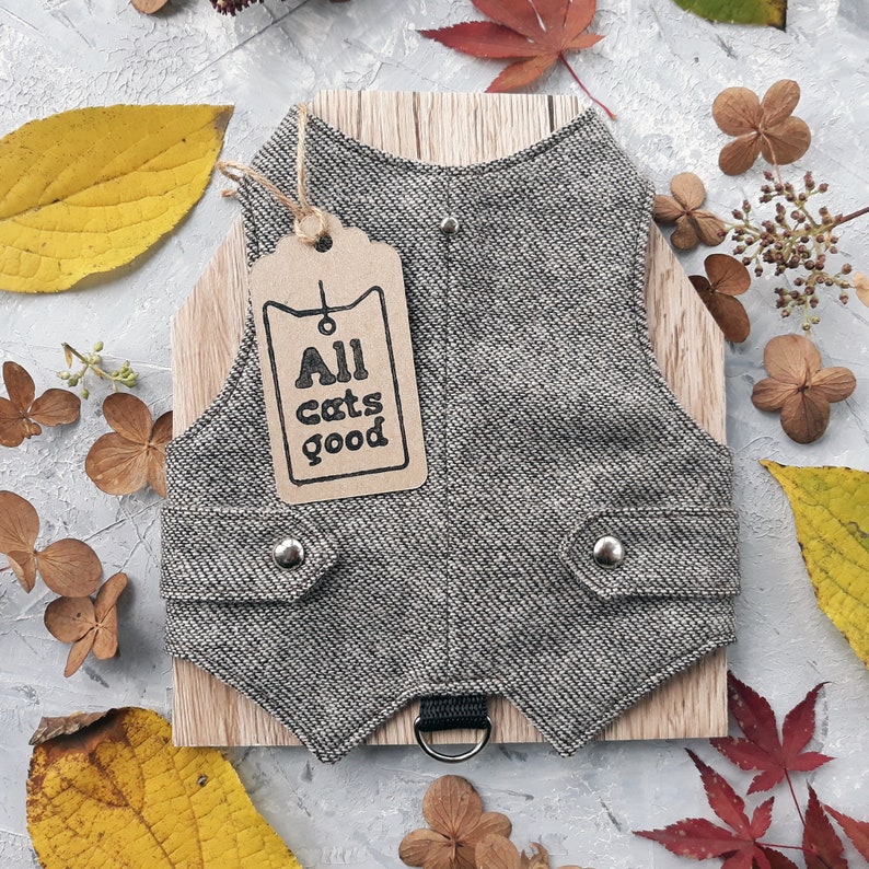 Kitten vest with patch Classic Tweed Cat Harness Escape Proof Custom made | ALLCATSGOOD Handmade Vest