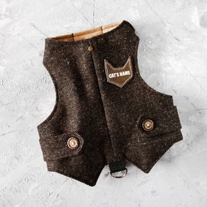 Kitten vest with patch Classic Tweed Cat Harness Escape Proof Custom made | ALLCATSGOOD Handmade Vest
