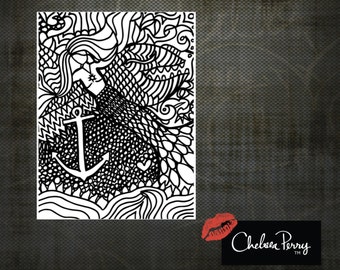 Mermaid by Chelsea Perry, Instant Digital Download, Adult Coloring Page, DIY