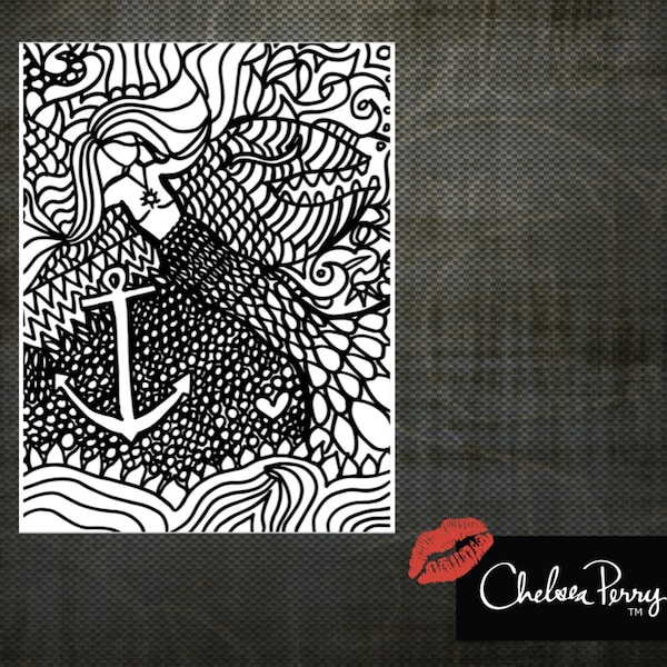 Mermaid by Chelsea Perry, Instant Digital Download, Adult Coloring Page, DIY