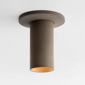 Peut inclure: Un plafonnier cylindrique moderne de couleur marron clair. Il est composé d'une base circulaire et d'un abat-jour cylindrique orienté vers le bas. L'intérieur de l'abat-jour diffuse une lumière chaude et accueillante.