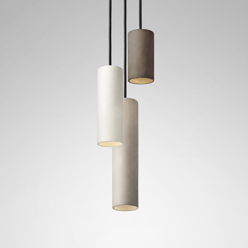 Pendant minimalist concrete lamp CROMIA Trio in dove grey, ivory and brown image 1