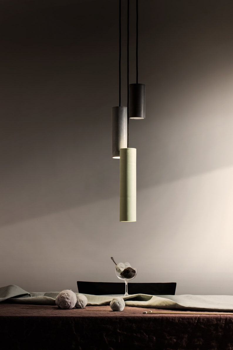 Pendant minimalist concrete lamp CROMIA Trio in dove grey, ivory and brown image 2