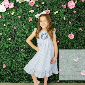 Girls Monogram Seersucker Dress with Flutter Sleeves, Monogrammed Dress, Flutter Dress, Girls Dress, Personalized Dress, Girls Dress