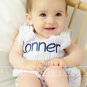 Unisex Rainbow Monogrammed Romper, Seersucker Romper, Monogrammed Bubble, Seersucker Bubble, Boys Bubble, Boy Overalls, Boys Romper