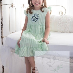 Girls Monogram Seersucker Dress with Flutter Sleeves, Monogrammed Dress, Flutter Dress, Girls Dress, Personalized Dress, Girls Dress