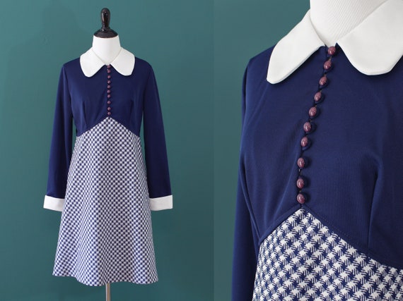 Navy White Houndstooth Print Polyester Dress Contr