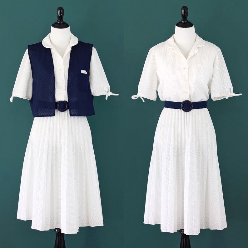 White Dress with Navy Vest and Belt vintage 70s textured pleated accordion skirt collared collar shirtdress 1970s