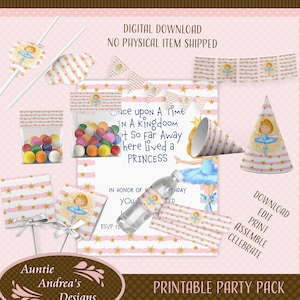 Printable Princess Party Package for Birthday and Fun Celebration including Editable PDF and PNG