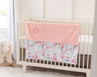 Pink Floral Blanket with Embroidered Name - Toddler Bed Blanket - Crib Blanket - Lovey Security Blanket
