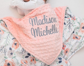 Personalized Baby Girl Minky Blanket: Embroidered Floral Newborn Gift