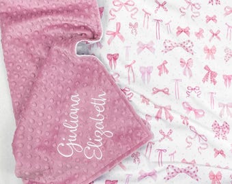 Personalized Pink Bow Baby Girl Blanket - Custom Name Blanket with Embroidery