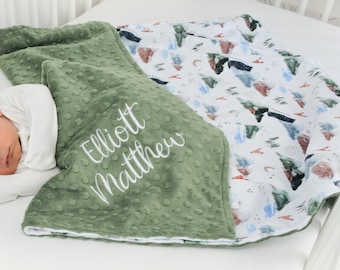 Personalized Baby Blanket - Woodland Theme Blanket - Newborn Baby Boy Gift - Minky Blanket