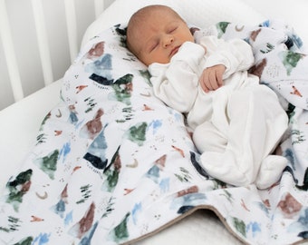Personalized Baby Blanket - Woodland Theme Blanket - Newborn Baby Boy Gift - Minky Blanket