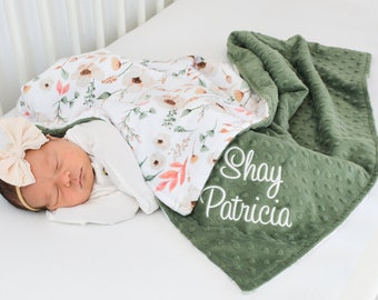 Personalized Baby Girl Blanket: Floral Minky Blanket, Embroidered Name