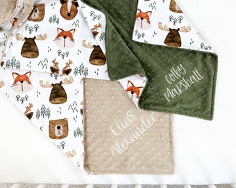 Personalized Woodland Animals Baby Blanket: Embroidered Minky Security Blanket