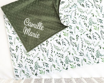 Custom Greenery Baby Blanket - Bontanical Minky Blanket - Handmade Baby Girl Gift - Embroidered Monogram Blanket