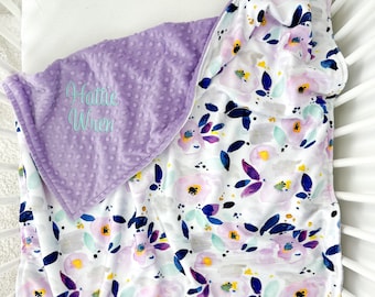 Baby Girl Blanket - Personalized Minky Blanket - Custom Baby Shower Gift - Purple Floral Baby Blanket