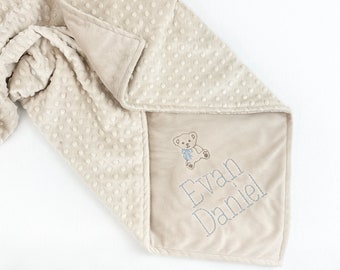 Tan Baby Blanket with Teddy Bear and Personalized Name - Embroidered Minky Blanket - Custom Blanket with Personalization