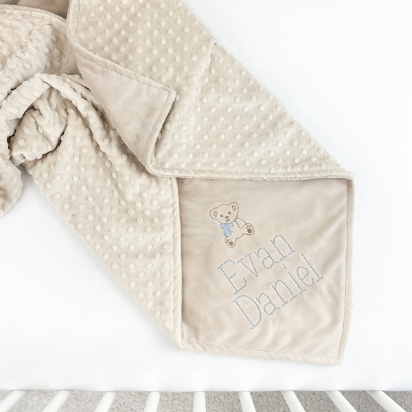 Tan Baby Blanket with Teddy Bear and Personalized Name - Embroidered Minky Blanket - Custom Blanket with Personalization