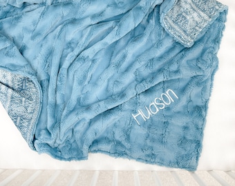 Personalized Baby Boy Blanket - Minky Baby Blanket - Newborn Gift - Embroidered Baby Blanket - Blue Mudcloth Custom Blanket
