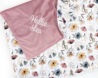 Custom Name Embroidered Baby Blanket, Boho Floral Embroidered Minky Blanket, Personalized Neutral Flower Baby Blanket, Soft Baby Blanket