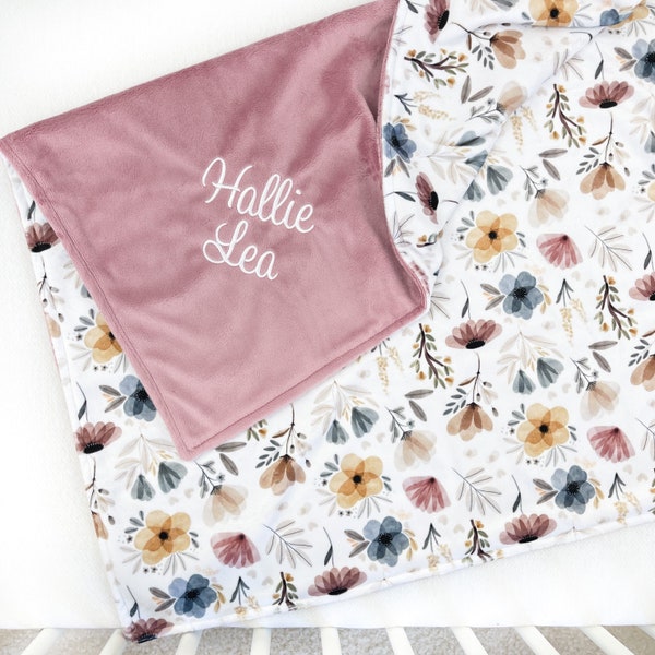 Custom Name Embroidered Baby Blanket, Boho Floral Embroidered Minky Blanket, Personalized Neutral Flower Baby Blanket, Soft Baby Blanket