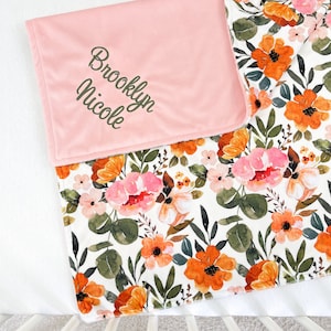 Minky Baby Blanket, Personalized Baby Blanket Girl, Boho Floral Blanket, Baby Shower Gift, Newborn Gift image 1