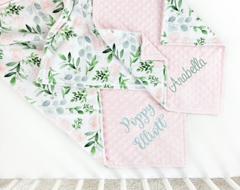 Floral Baby Blanket with Monogram - Baby Girl Minky Blanket - Baby Shower Gift - Personalized Blanket for New Baby