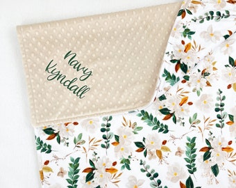 Floral Baby Blanket with Name - Baby Girl Minky Blanket - Baby Shower Gift - Personalized Blanket for New Baby