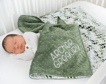 Personalized Blanket for Baby Boy - Green Minky Blanket with Name - Custom Name Baby Shower Gift - Embroidered Minky Blanket for Newborn