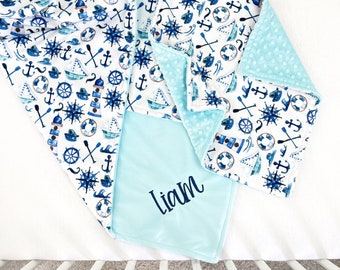LAST CHANCE - Nautical Baby Blanket - Blanket with Baby's Name - Baby Shower Gift - Embroidered Minky Blanket - Personalized Gifts for Baby
