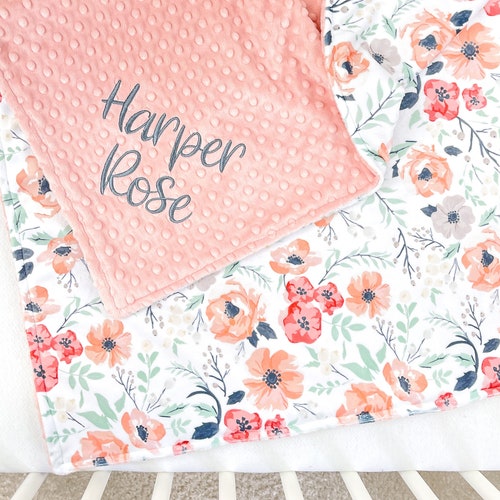 Personalized Baby Girl Name Blanket Pink and Gray Floral Etsy