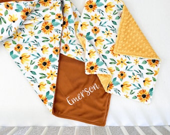 Baby Girl Gift - Sunflower Baby Blanket - Personalized Lovey - Custom Baby Shower Gift - Embroidered Name Blanket