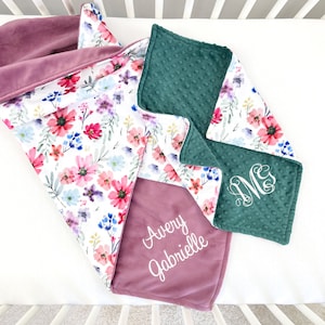 LAST CHANCE - Personalized Baby Blanket with Name - Baby Shower Gift - Floral Baby Blanket - Embroidered Keepsake Blanket