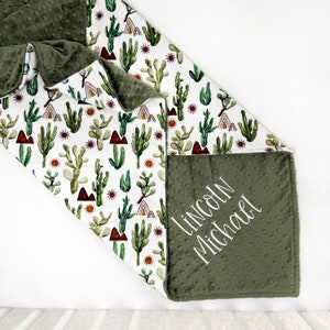 Personalized Baby Blanket with Name Baby Shower Gift Custom Newborn Gift Boho Cactus Minky Blanket image 3