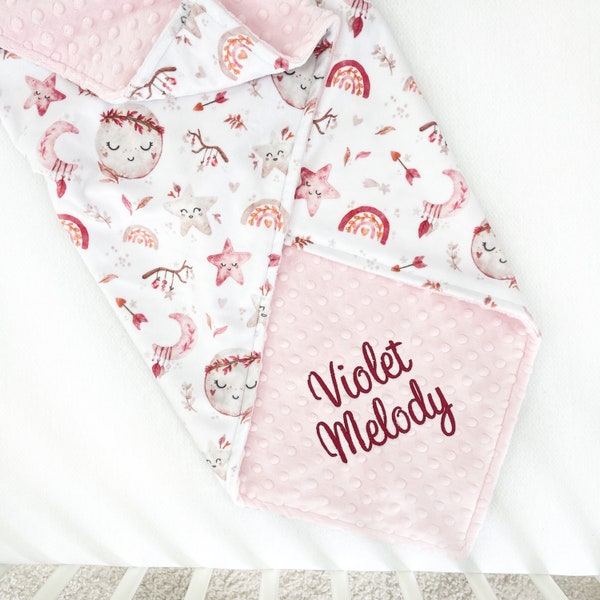 Personalized Baby Blanket - Minky Blanket with Embroidered Name - Boho Moon and Stars Print - Baby Girl Gift