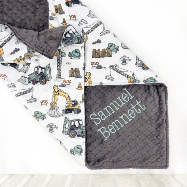 Personalized Baby Blanket Boy - Toddler Blanket - Baby Name Blanket - Minky Blanket - Construction Trucks