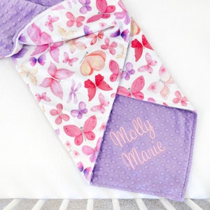 Personalized Minky Baby Blanket: Pink Purple Butterfly, Embroidered Name