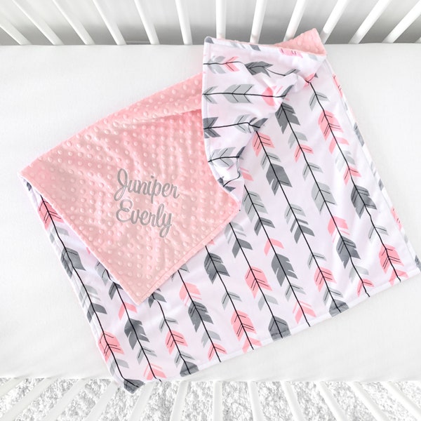 Pink Arrows Personalized Baby Blanket - Minky Baby Blanket with Name - Baby Shower Gift for Baby Girl - Pink and Grey Nursery Decor