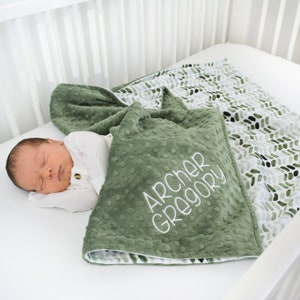 Personalized Blanket for Baby Boy - Green Minky Blanket with Name - Custom Name Baby Shower Gift - Embroidered Minky Blanket for Newborn