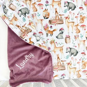 Personalized Minky Baby Blanket: Woodland Animals, Embroidered Name