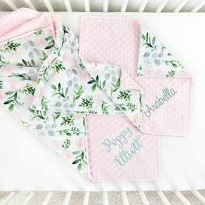 Floral Baby Blanket with Monogram - Baby Girl Minky Blanket - Baby Shower Gift - Personalized Blanket for New Baby