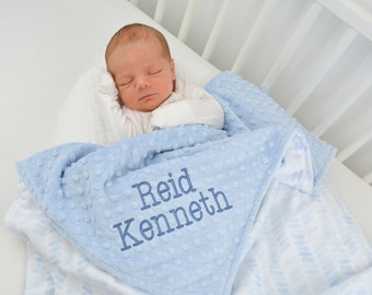 Blue Embroidered Baby Blanket, Newborn Name Soft Blanket, Custom Name Baby Minky Blanket, Plush Blue Baby Blanket, Baby Boy Name Blanket