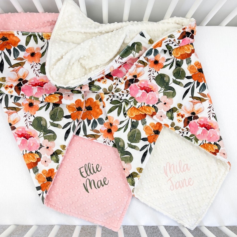 Minky Baby Blanket, Personalized Baby Blanket Girl, Boho Floral Blanket, Baby Shower Gift, Newborn Gift afbeelding 4